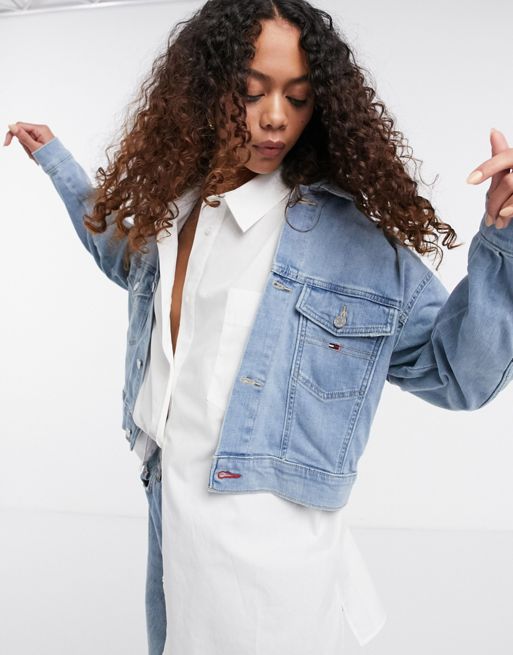 Tommy Jeans cropped denim jacket with iconic tommy colors in light