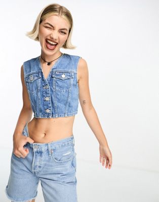 Tommy Jeans cropped denim vest in mid wash