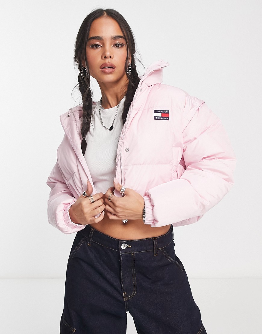Tommy Jeans cropped down detachable sleeve puffer in pink