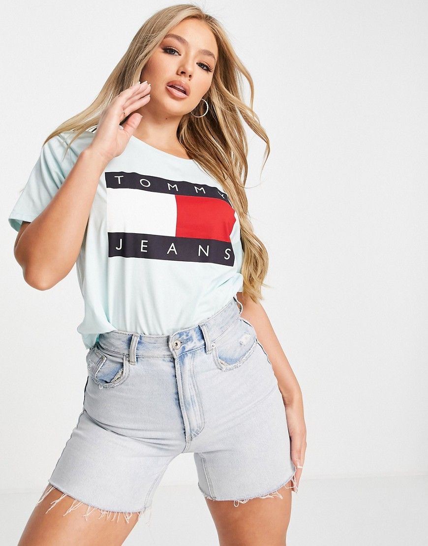 Tommy Jeans cropped flag logo T-shirt in light blue-Blues