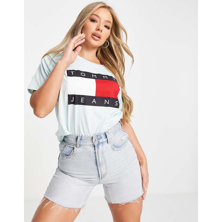 Tommy Jeans cropped flag logo T-shirt in light blue | ASOS