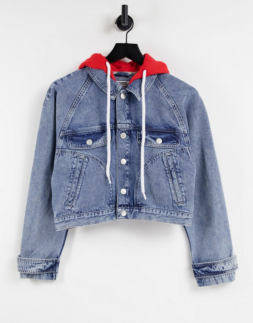 Tommy Jeans cropped hoodie denim jacket in mid blue rinse