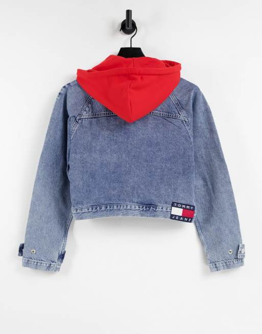 Jean jacket with outlet red hoodie