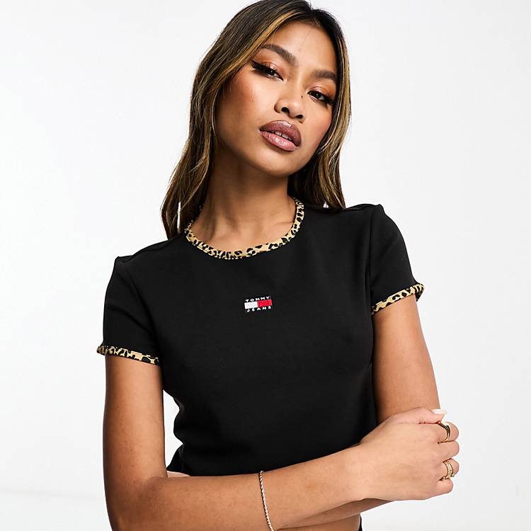 Tommy Jeans cropped leopard print binding t-shirt in black | ASOS