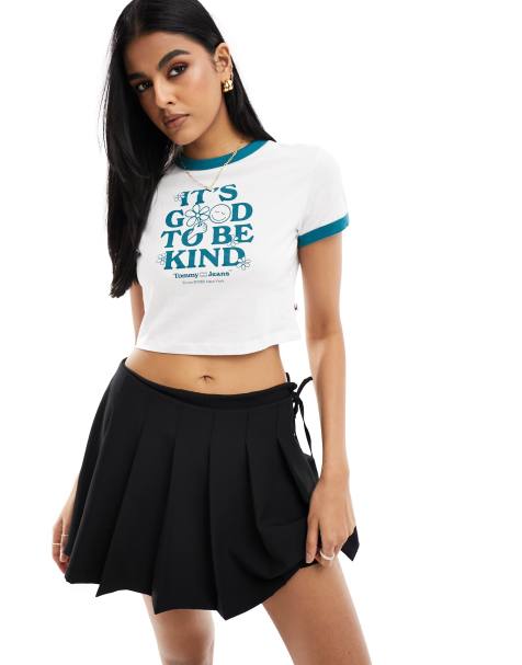 Tommy Jeans cropped slogan ringer T-shirt in white - view 1