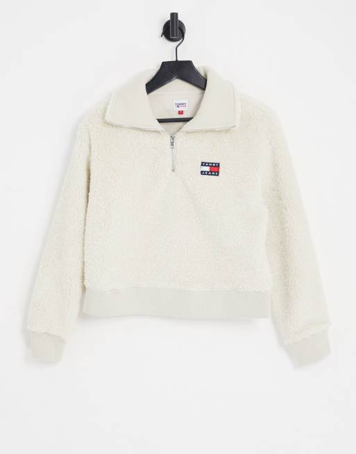 Tommy Jeans cropped teddy half zip sweater in beige