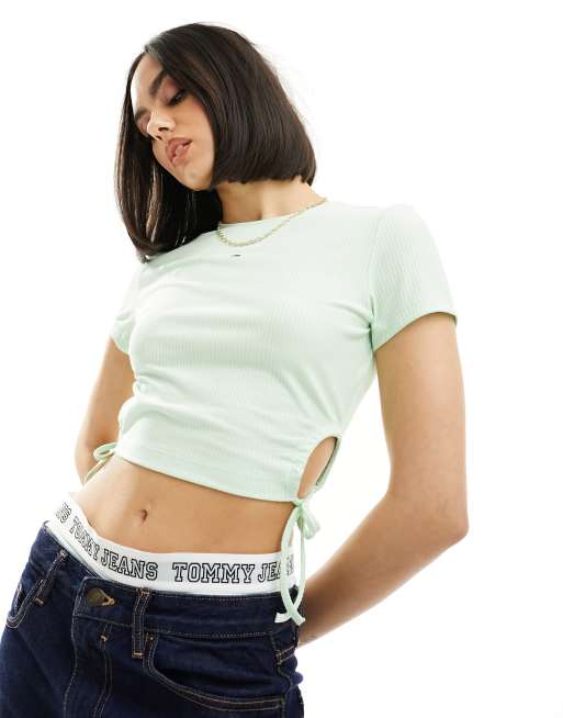Tommy Jeans - Cropped top i grøn ribstrik