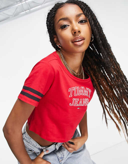 Tommy Jeans cropped varsity logo t-shirt in red | ASOS