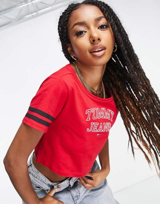 Tommy Jeans cropped varsity logo t-shirt in red