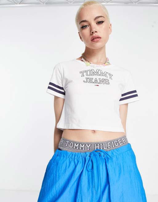 Tommy Jeans cropped varsity logo t-shirt in white | ASOS