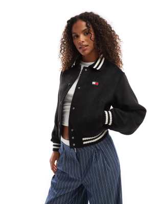 Tommy Jeans Cropped Wool Varsity Jacket In Black