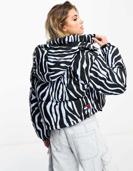 Tommy Jeans cropped zebra alaska puffer jacket in blue and black