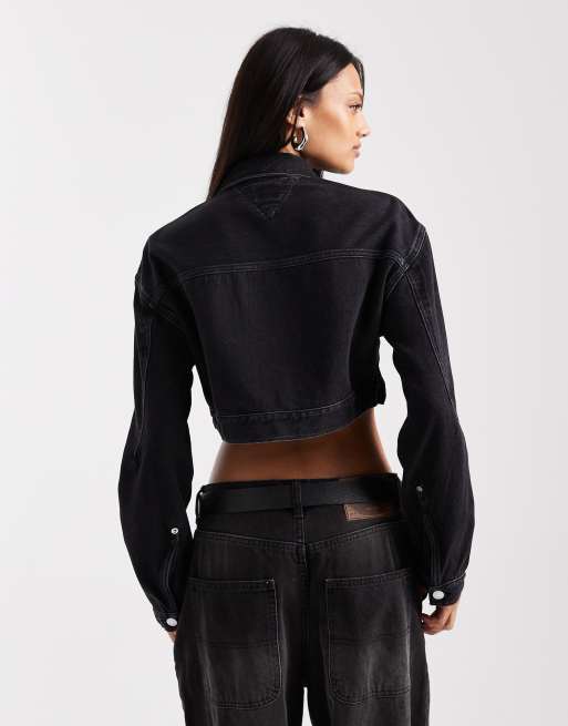 Tommy Jeans cropped zip through denim jacket in black, 4 of 4