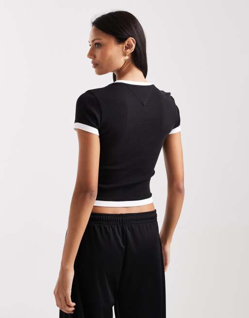 Tommy Jeans – Czarny dopasowany T-shirt z lamówką, 4 z 4
