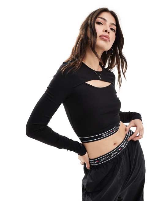 Tommy Jeans – Czarny krótki top z długimi rękawami, wycięciem i taśmą z logo