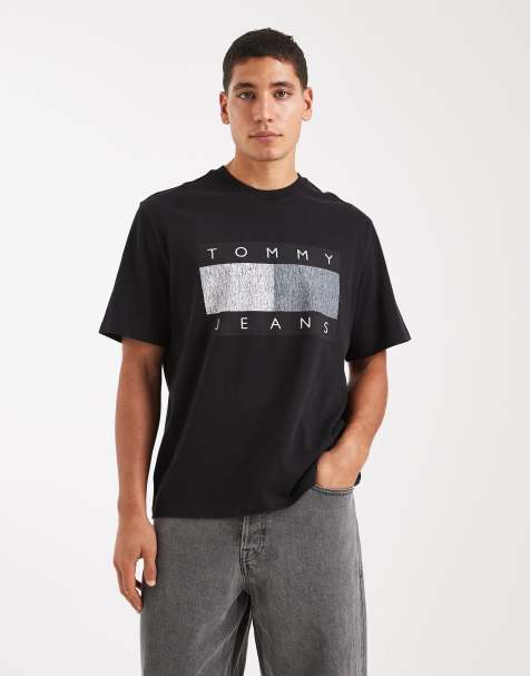 Tommy Jeans – Czarny T-shirt z logo z flagą z efektem znoszenia w stylu lat 90. - view 1