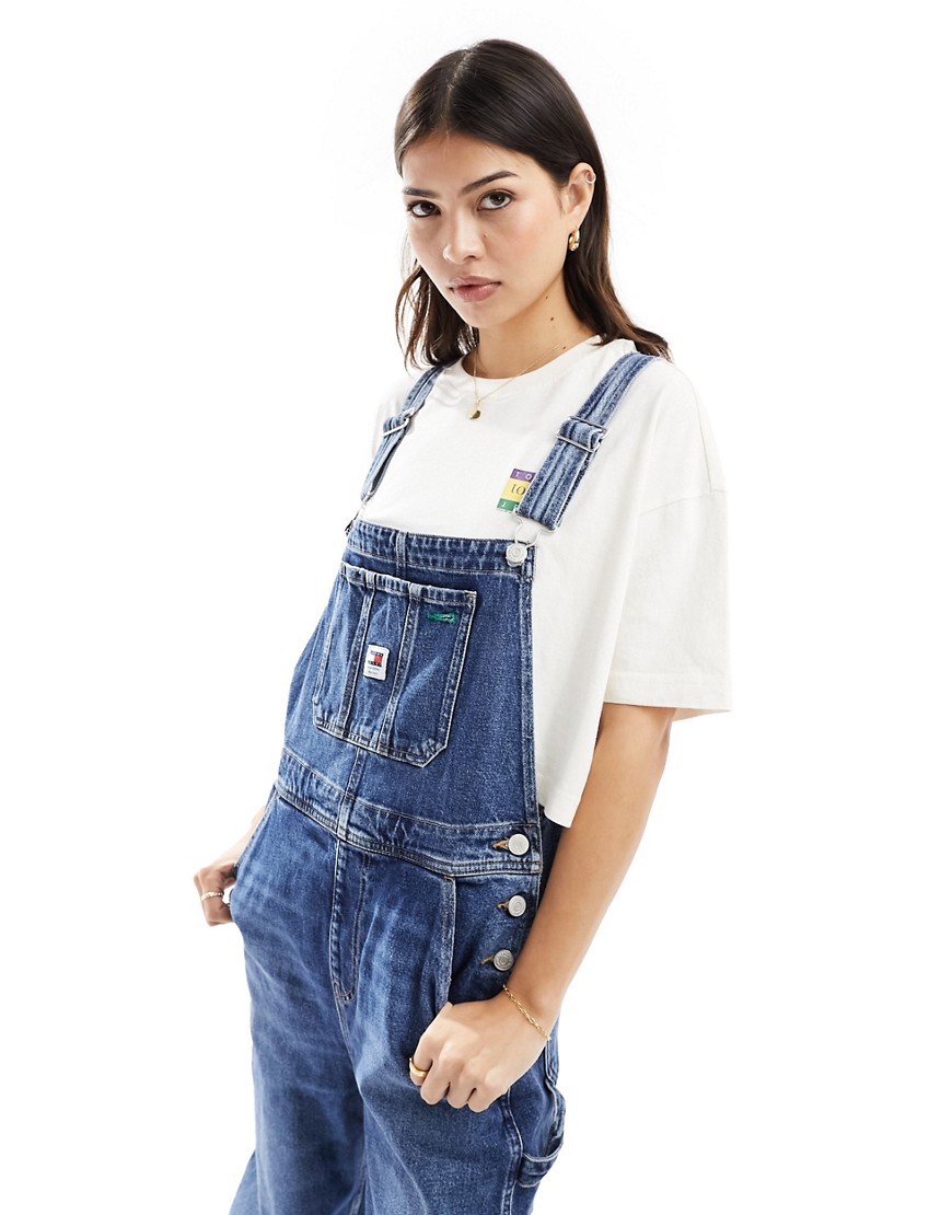 Tommy Jeans Daisy dungarees in dark wash-Blue