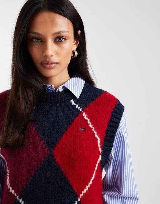 Tommy Jeans - Débardeur à motif losanges - Bleu marine et bordeaux, 3 de 4