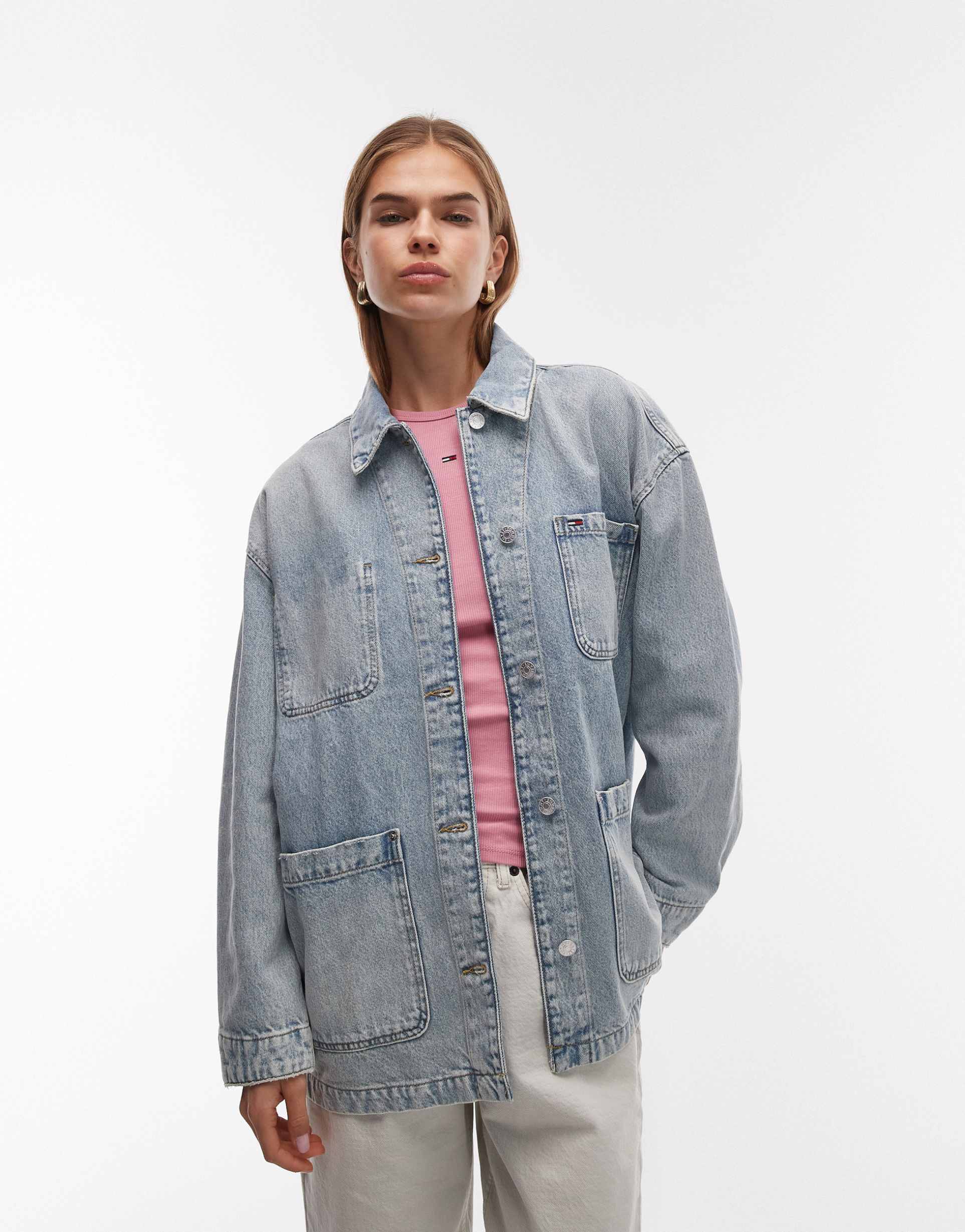 tommy jeans denim chore jacket in light wash