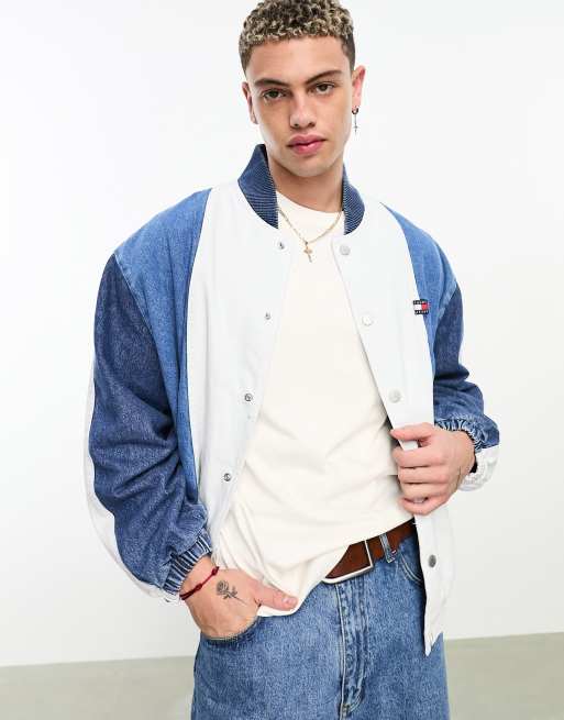 Tommy Jeans denim colour block bomber jacket in mid wash blue