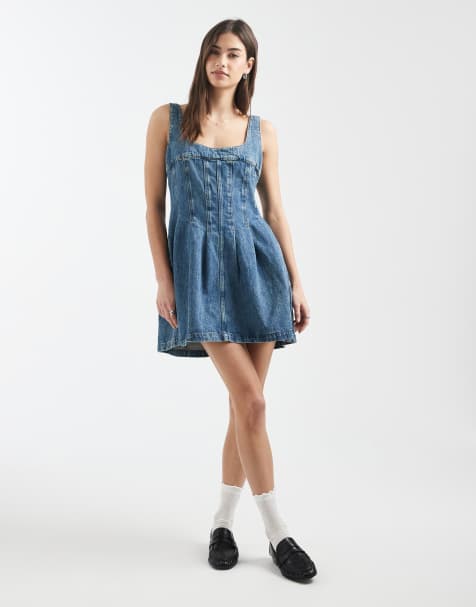 Tommy Jeans denim corset mini dress with seam detailing in mid wash - view 1