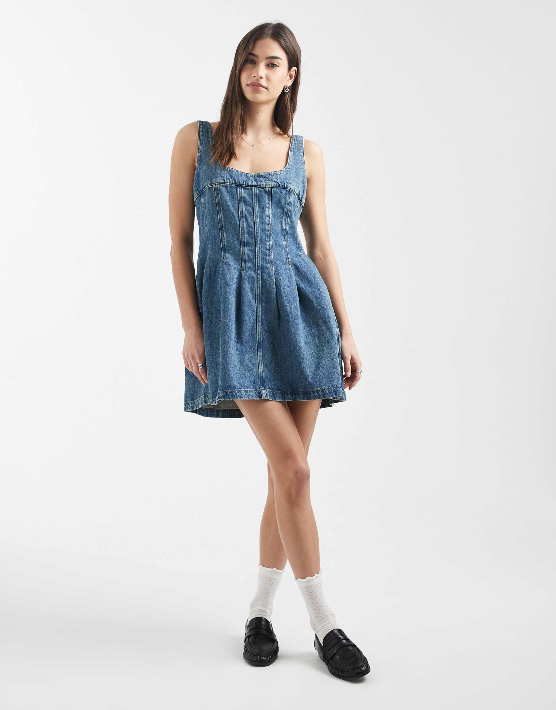tommy jeans denim corset mini dress with seam detailing in mid wash