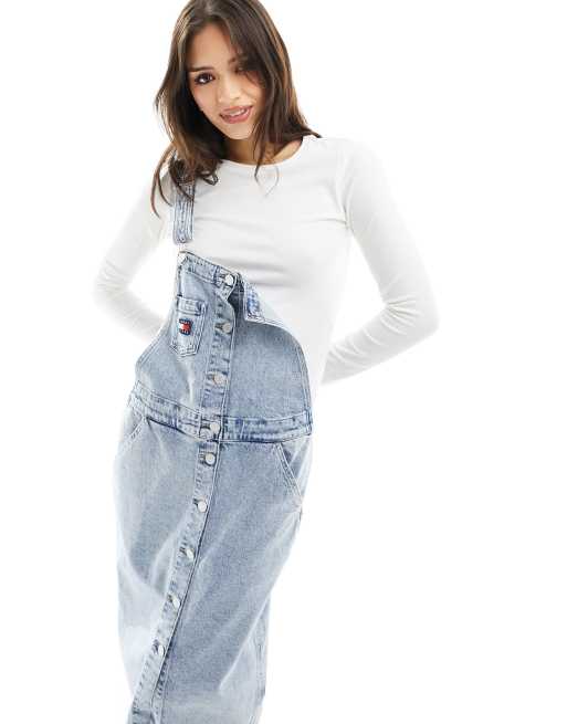 Tommy Jeans denim dungaree midii sress in light wash ASOS