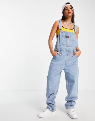 Tommy Jeans denim dungarees in mid wash