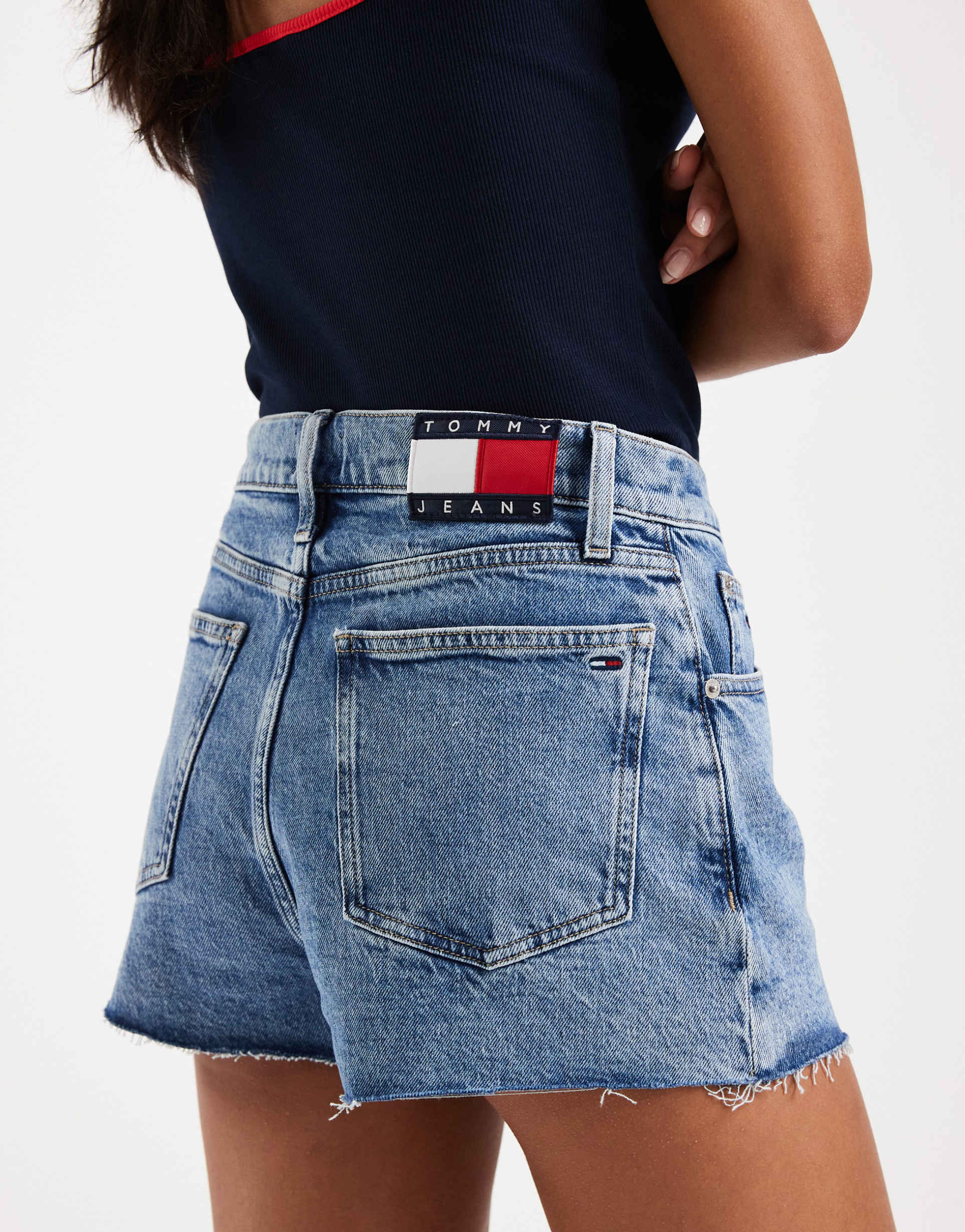 tommy jeans denim hot pants in midwash blue