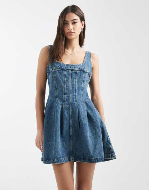 Tommy Jeans - Denim korset mini jurk met zichtbare naden in mid-wash, 2 van 4