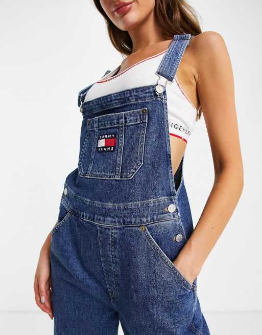 Tommy Jeans denim logo dungarees in mid wash