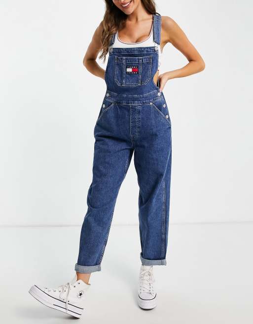 Tommy Jeans denim logo overalls in mid wash | ASOS