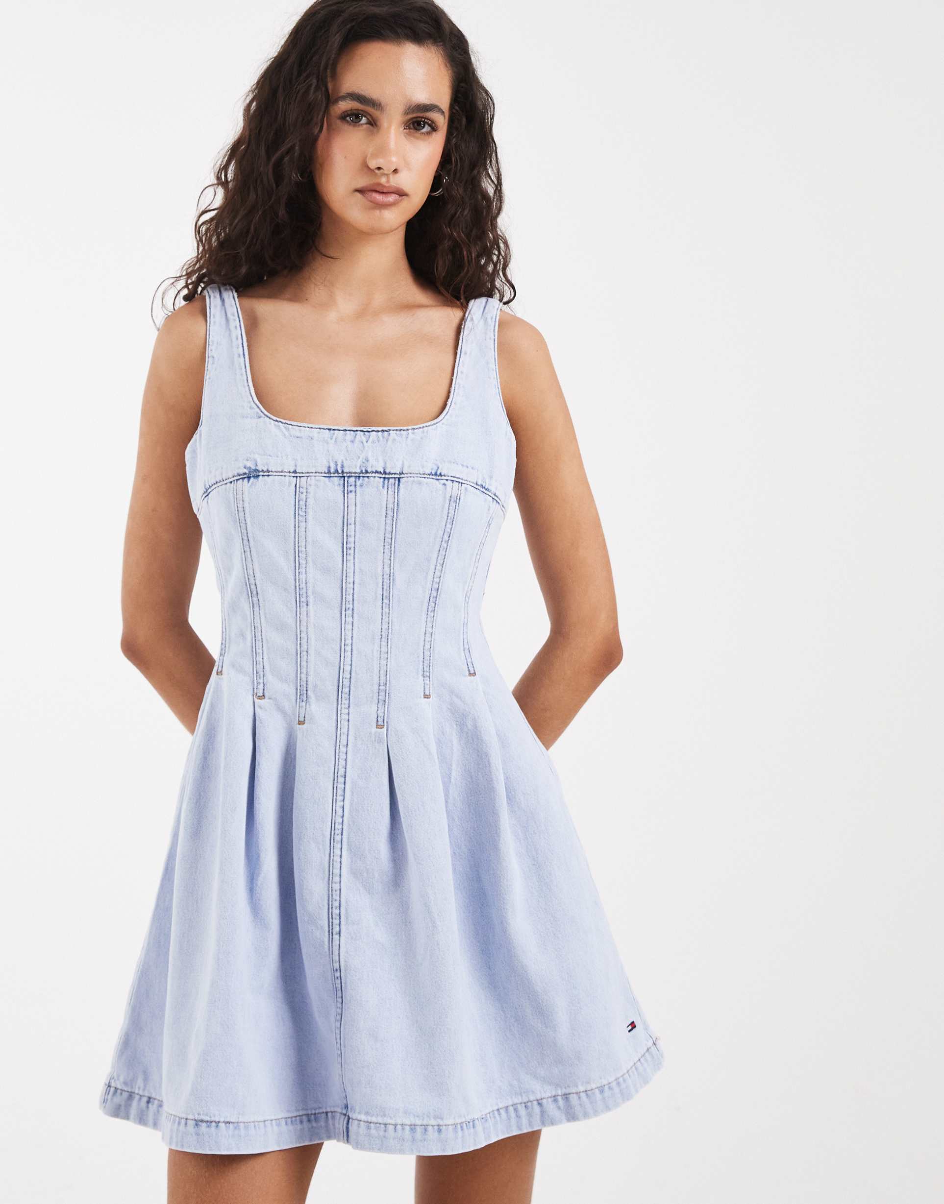 tommy jeans denim mini dress with pleat details in light wash blue