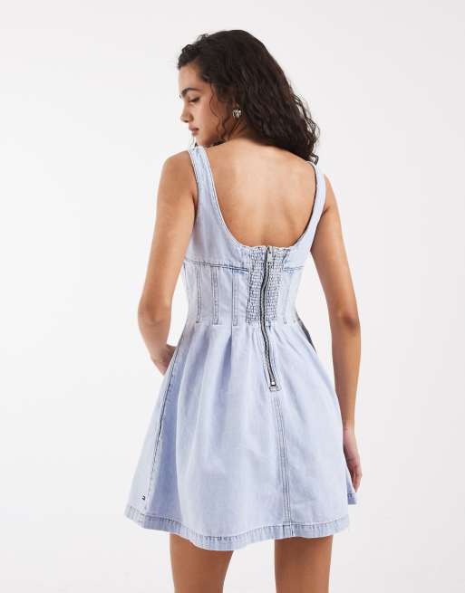 tommy jeans denim dress Tommy Hilfiger Women's Short-Sleeve Belted Denim Dress - Nos Mid Blue