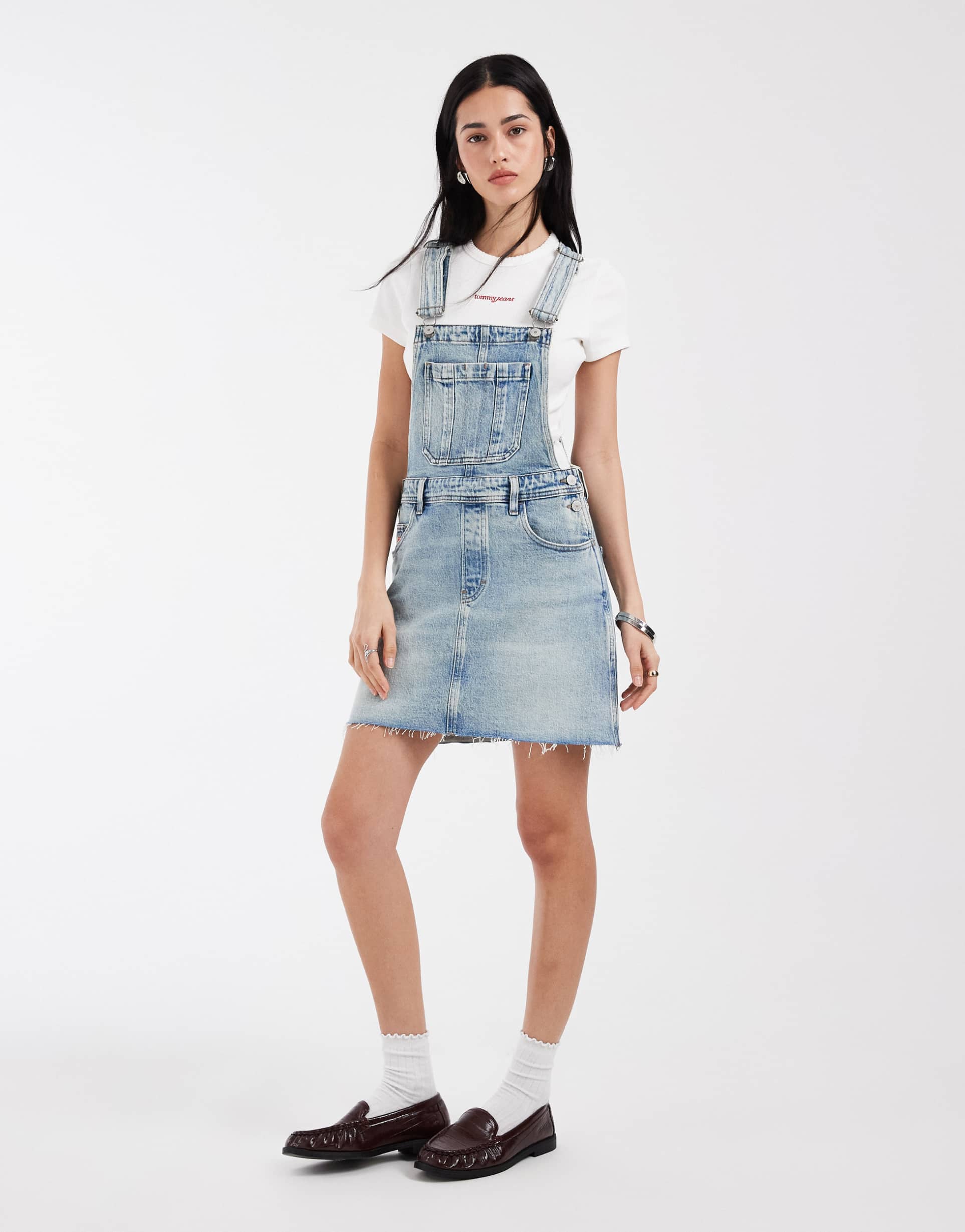 tommy jeans denim overalls dress in light wash blue
