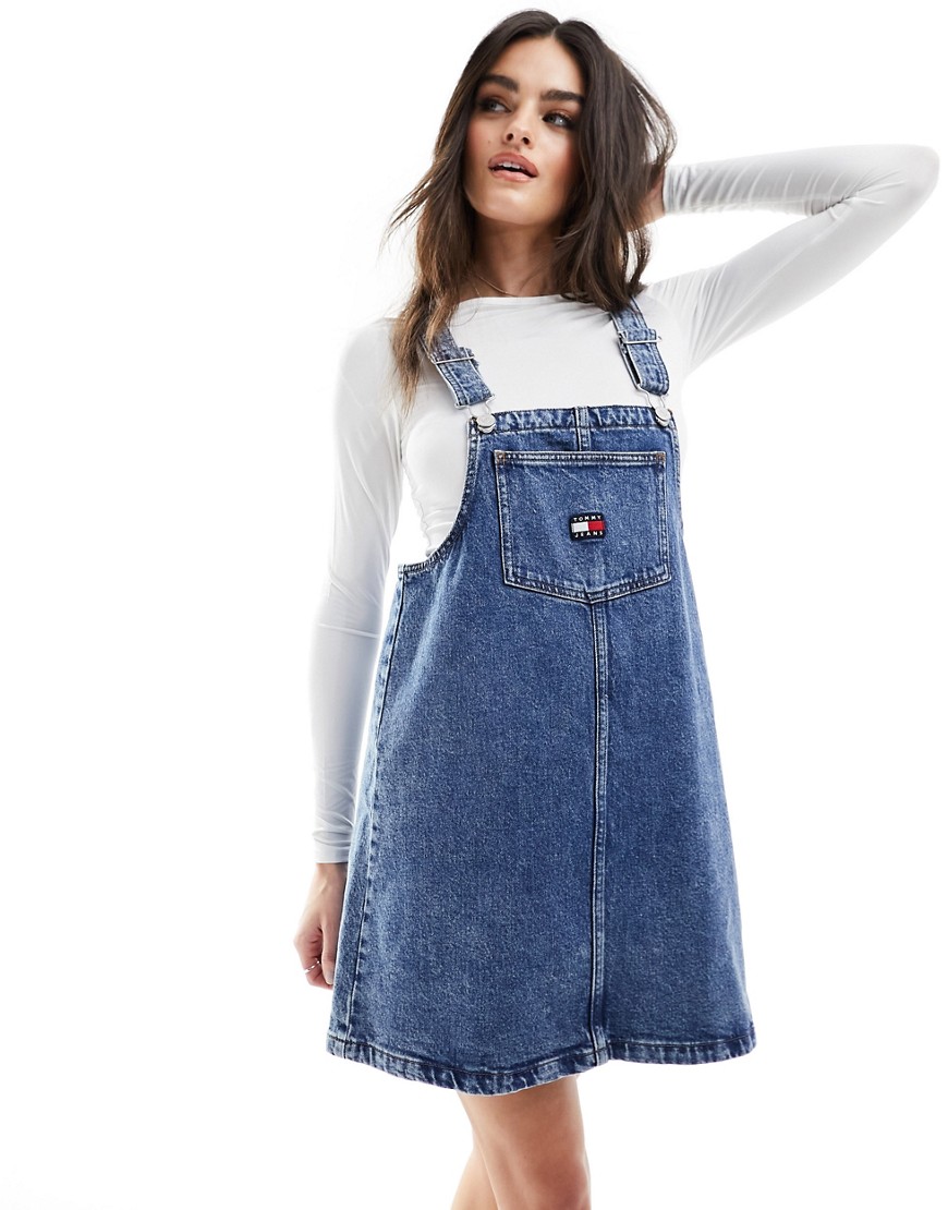 Tommy Jeans denim pinafore dress in mid wash-Blue