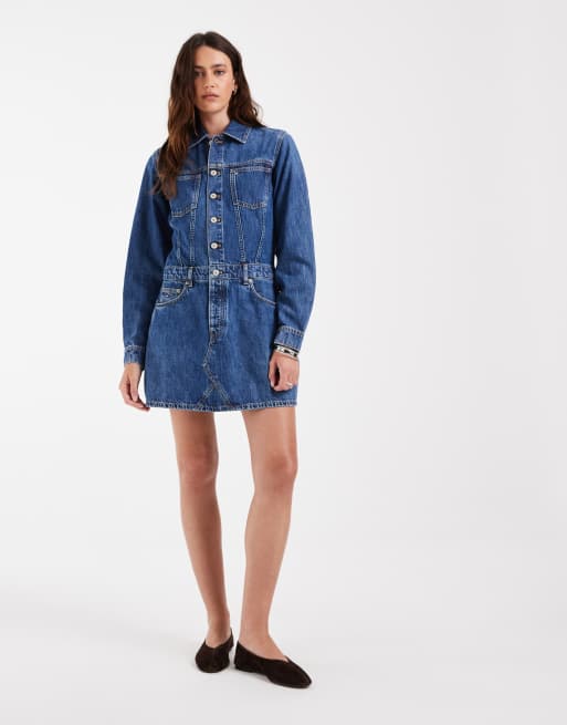Tommy Jeans denim trucker dress in mid wash, 2 of 4
