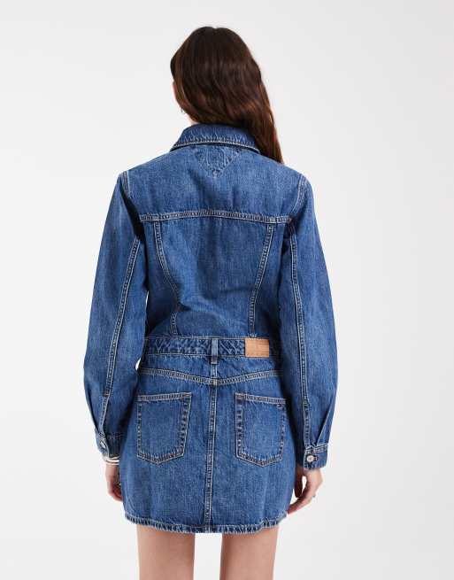 Tommy Jeans denim trucker dress in mid wash, 3 of 4