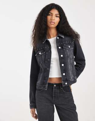 Tommy Jeans Denim Trucker Jacket With Studding Details In Black