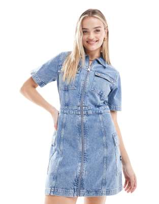 Tommy Jeans Denim Zip Through Dress In Mid Wash-blue