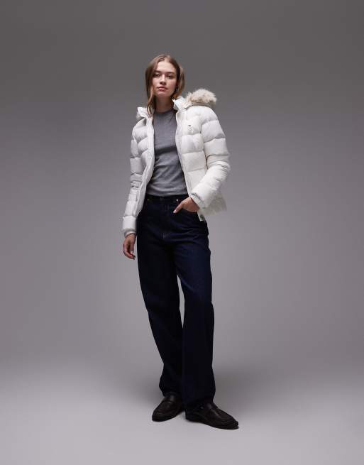 Tommy Jeans down puffer jacket with faux fur hood in white, 2 of 4