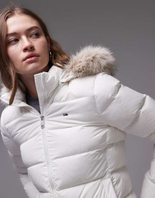 Tommy Jeans down puffer jacket with faux fur hood in white, 3 of 4