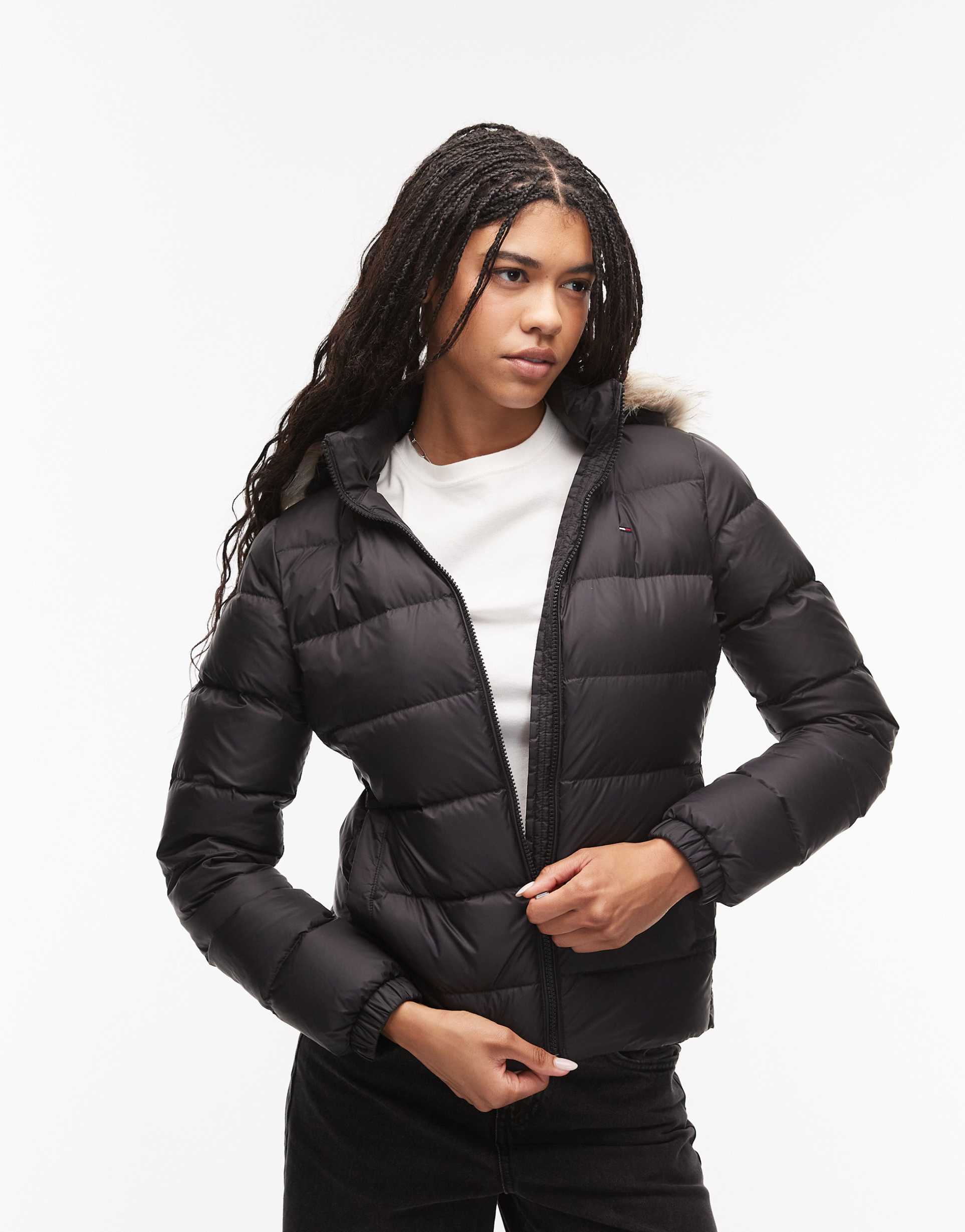 tommy jeans down puffer jacket with fur hood in black