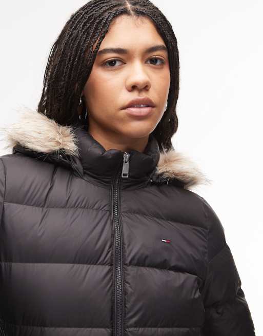 Tommy Jeans down puffer jacket with fur hood in black, 2 of 4