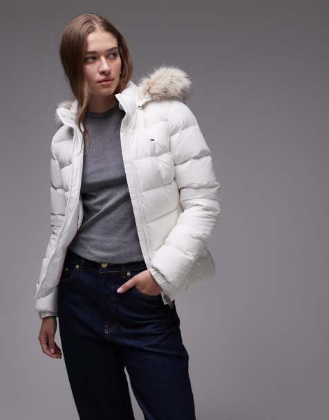 Tommy Jeans down puffer jacket with fur hood in white