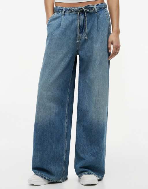 Tommy Jeans Drawstring loose wide leg jeans with linen in blue, 2 of 7