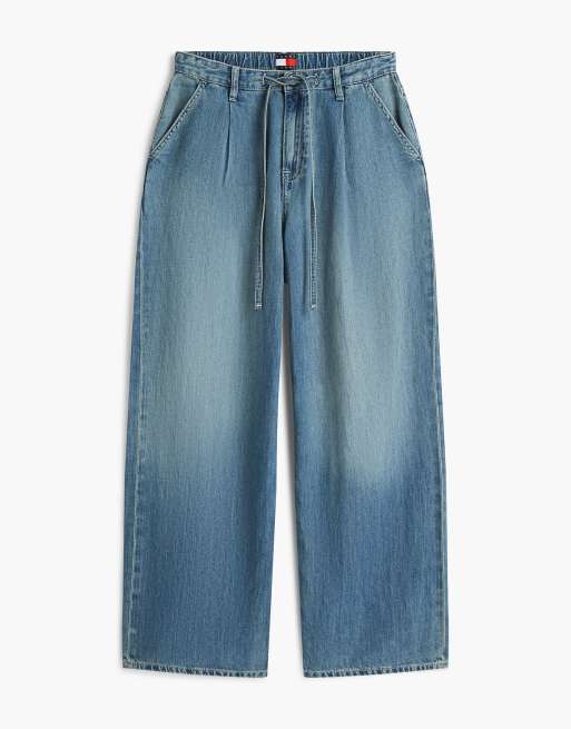 Tommy Jeans Drawstring loose wide leg jeans with linen in blue, 6 of 7