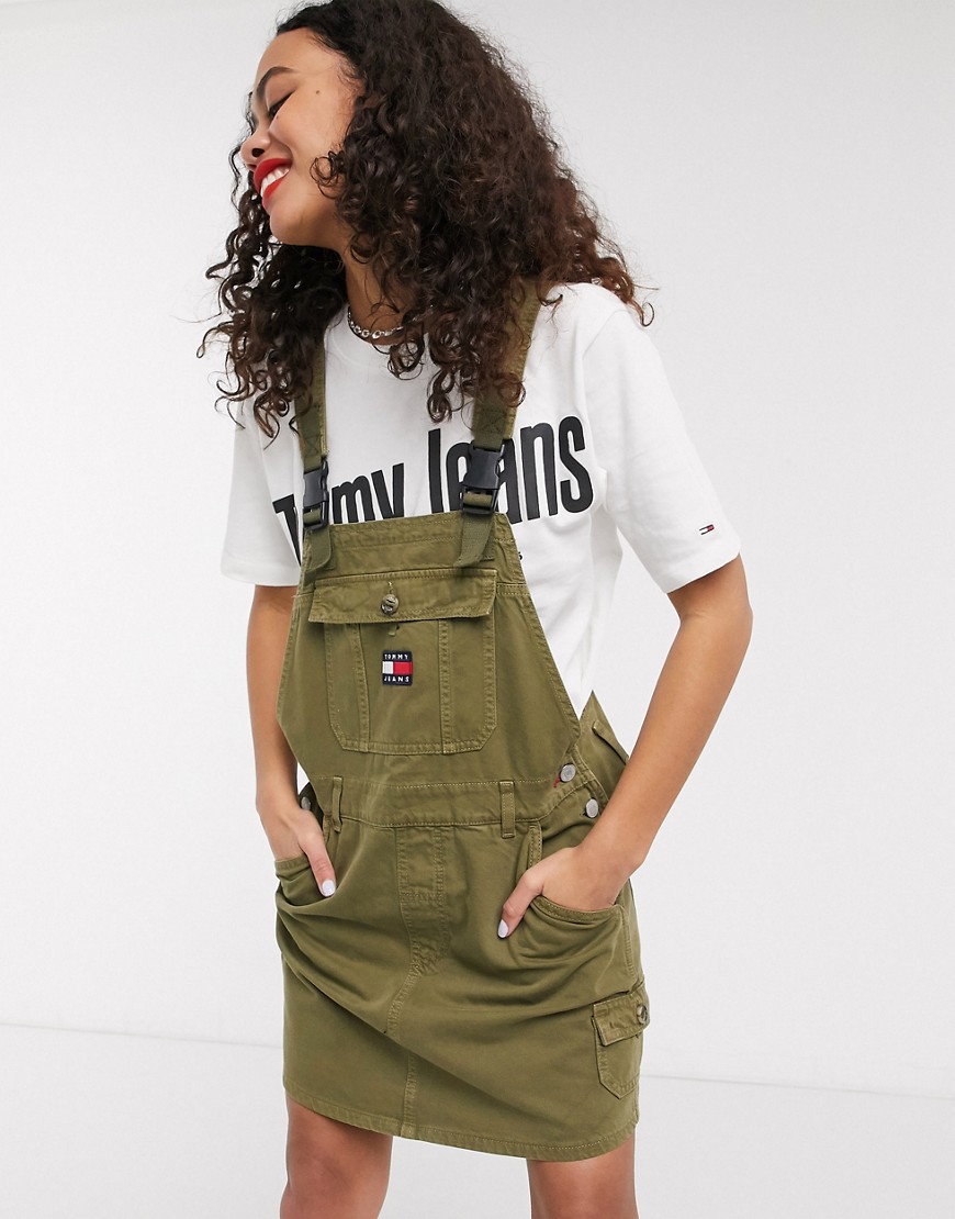 Tommy Jeans dungaree dress in green-White