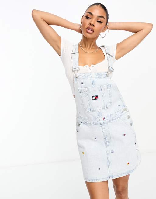 Tommy Jeans dungaree mini dress in light wash