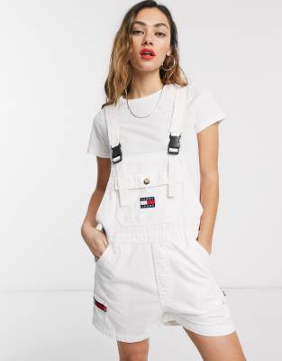 white dungaree shorts